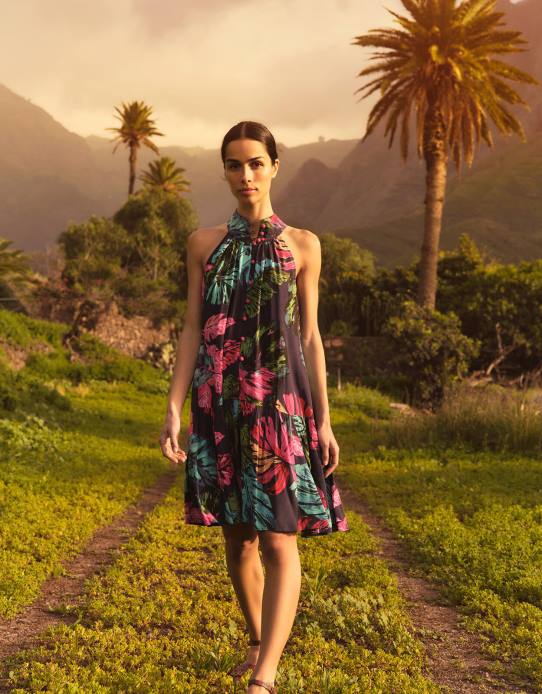 Monsoon Women Bria Palm Print Halter Dress in Sustainable Viscose 2Z2N337 Clothing Blue (Midnight)