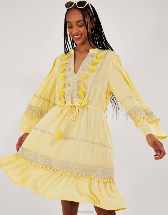 Monsoon Women Embroidered Pom-Pom Kaftan Dress in LENZING ECOVERO 2Z2N54 Clothing Yellow