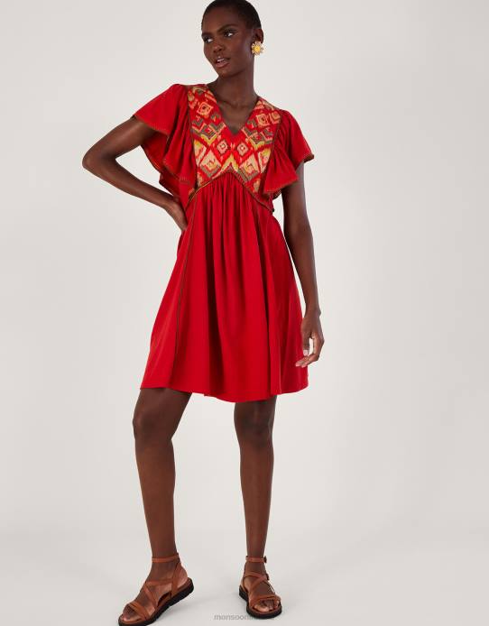 Monsoon Women Embroidered Ruffle Sleeve Jersey Dress 2Z2N485 Clothing Red