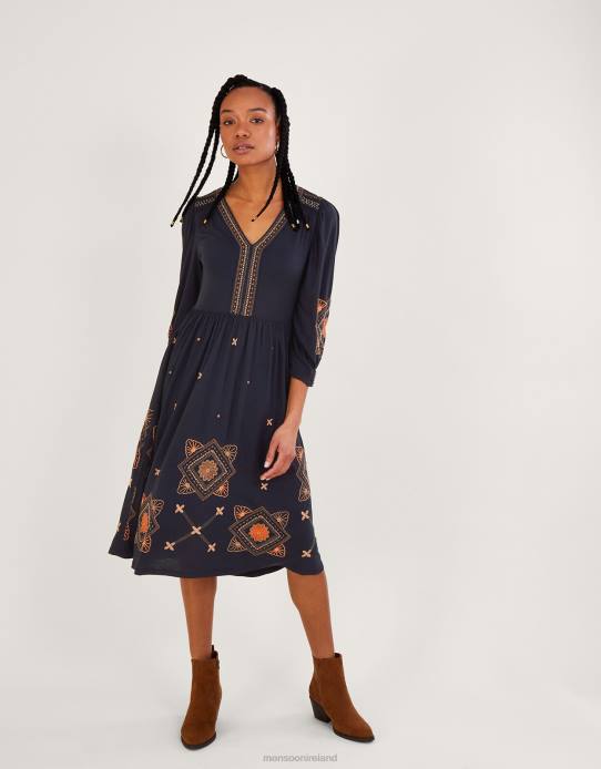 Monsoon Women Embellished Puff Sleeve Midi Jersey Dress 2Z2N883 Clothing Blue (Navy)