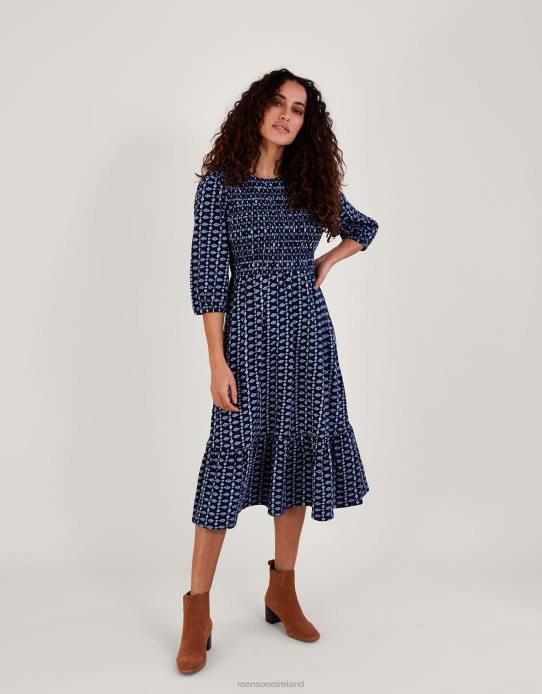 Monsoon Women Geometric Print Tiered Shirred Jersey Dress 2Z2N843 Clothing Blue (Navy)