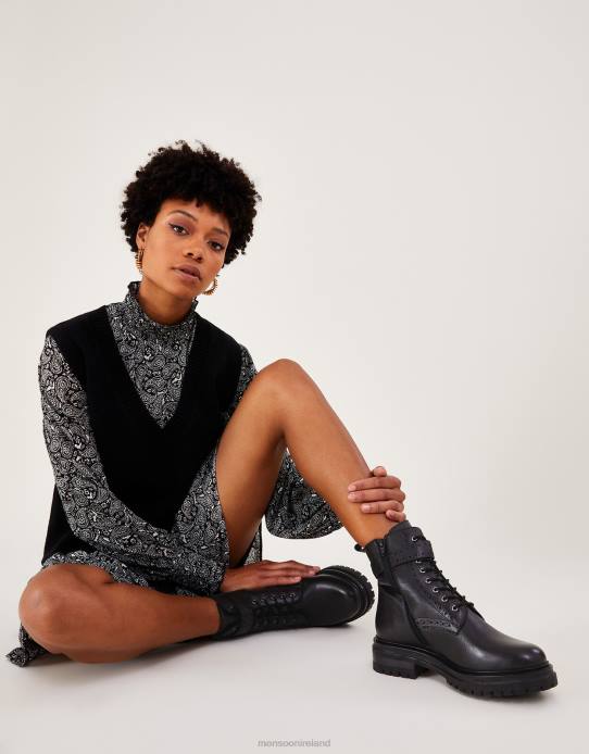 Monsoon Women Brogue Leather Stomper Boots 2Z2N427 Footwear Black