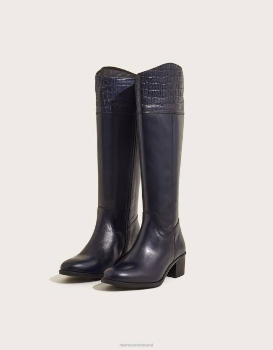 Monsoon Women Croc Detail Leather Riding Boots 2Z2N1502 Footwear Blue (Navy)